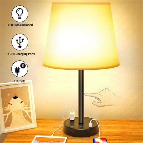 Touch Control Table Lamp - Touch Lamp with USB Ports and Outlets, 3 Way Dimmable USB Bedside ...