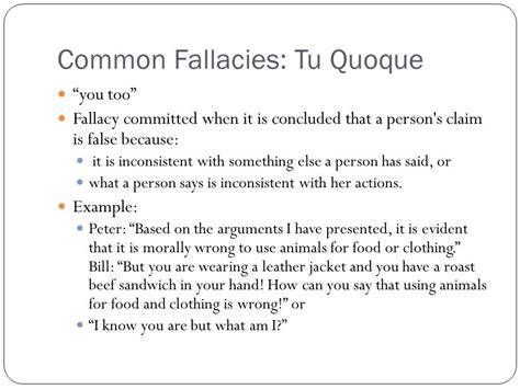 Tu quoque (pronounced "too kwoh-kway"), is a form of ad hominem fallacy that occurs when it is ...