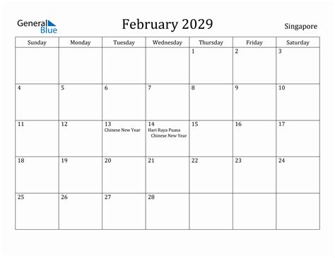 February 2029 Monthly Calendar with Singapore Holidays