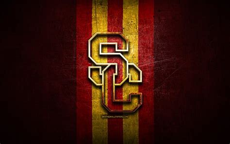 Download wallpapers USC Trojans, golden logo, NCAA, red metal background, american football club ...