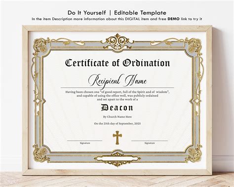 Deacon Ordination Certificate Template, Printable Certificate of Ordination, Editable Ministry ...