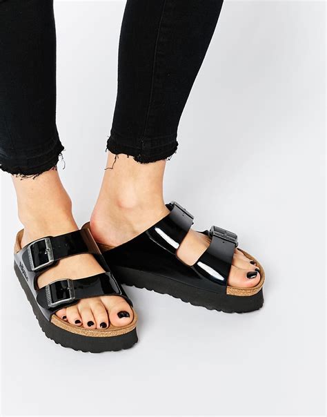 Birkenstock Arizona Platform Patent Black Slider Flat Sandals in Black - Lyst