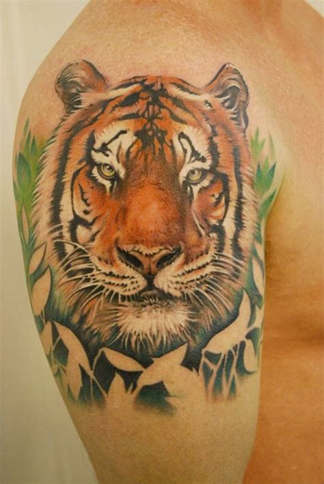 Portrait tiger face tattoo on shoulder - Tattooimages.biz