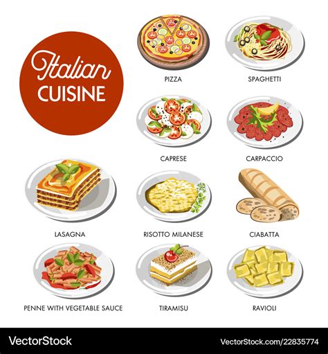 Italian cuisine food traditional dishes Royalty Free Vector