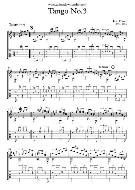 Tango No. 3 by Jose Ferrer for Classical Guitar in tab and notation.