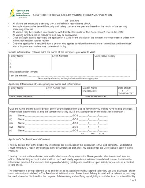 Saskatchewan Canada Adult Correctional Facility Visiting Program Application Form - Fill Out ...