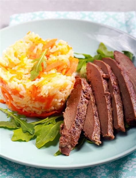 Fried Liver and Rice with Carrot Served Stock Image - Image of salad, fried: 110632005