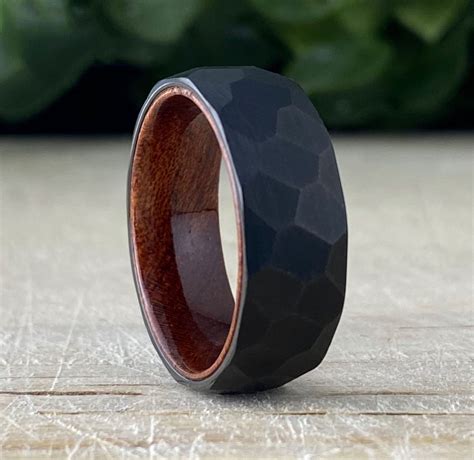 Black Hammered Tungsten Ring Wood Wedding Band Men Rosewood Inlay ...