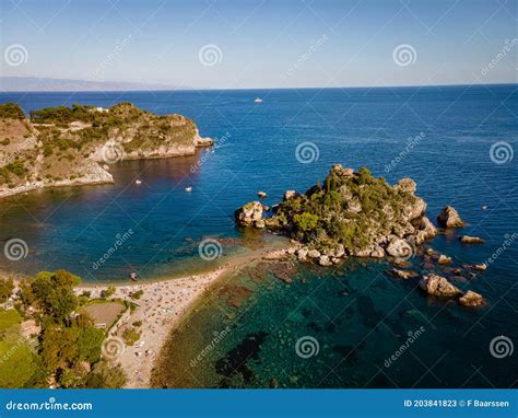 Isola Bella at Taormina, Sicily, Aerial View of Island and Isola Bella Beach and Blue Ocean ...