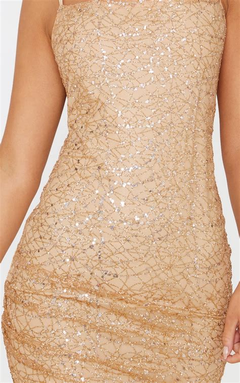 Rose Gold Strappy Sequin Glitter Detail Bodycon Dress | PrettyLittleThing