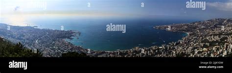 A panoramic view of the Jounieh Bay from Harissa Lebanon Stock Photo ...