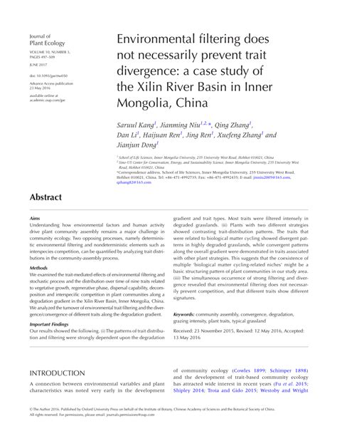 (PDF) Environmental filtering does not necessarily prevent trait divergence: a case study of the ...