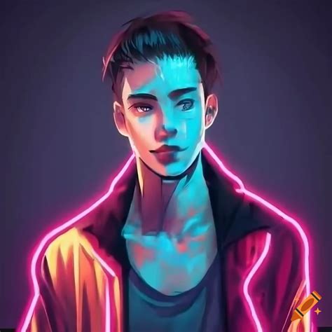 Neon-lit anime-style young man on black background on Craiyon