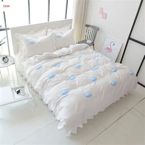 Home textile high quality embroidered cloud bedding set white pink 100%cotton king queen duvet ...