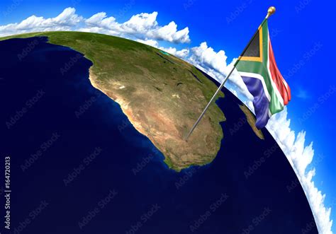 South Africa national flag marking the country location on world map. 3D rendering, parts of ...