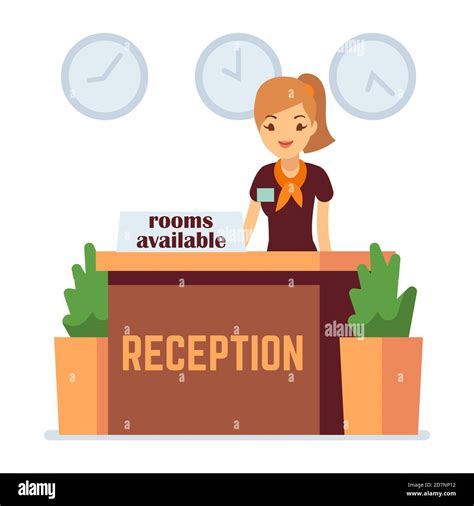 Hotel or hostel reception with cartoon girl. Rooms available vector concept. Hotel receptionist ...