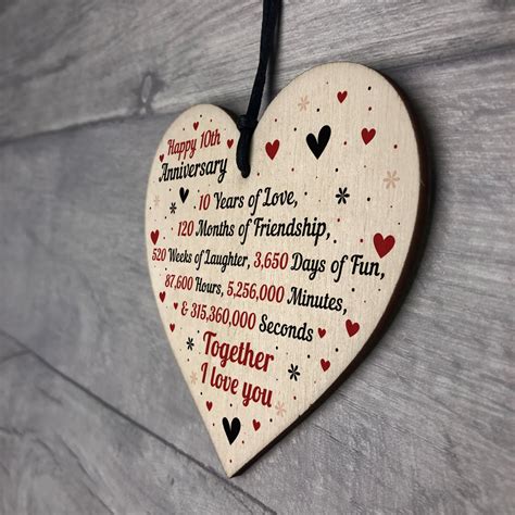 10th Wedding Anniversary Gift For Him Her Wood Heart Keepsake