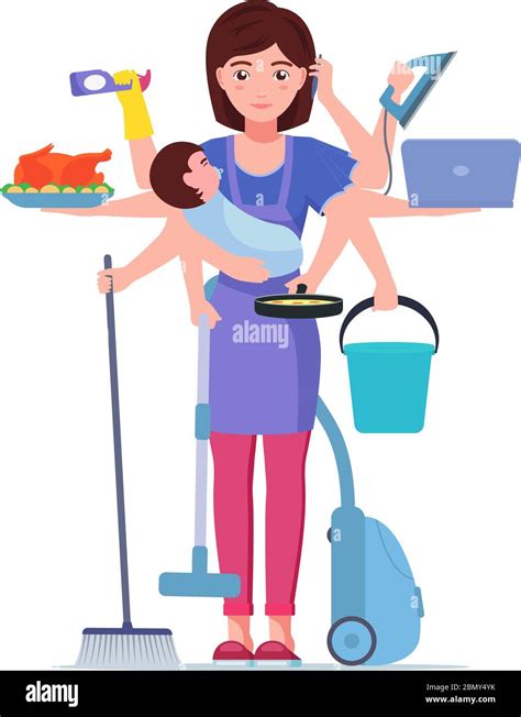 Busy mom. Vector illustration cartoon character super multitask woman mother doing housework ...