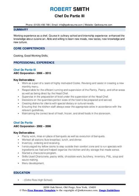 Chef De Partie Resume Samples | QwikResume