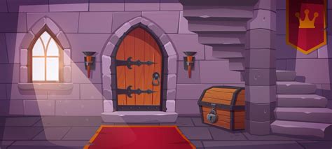 Underground dungeon in castle with wooden door 21935388 Vector Art at Vecteezy