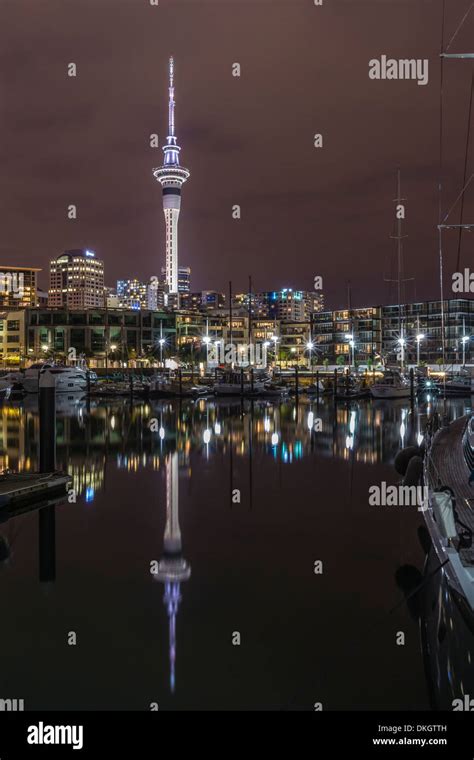 Night view of the city of Auckland from Auckland Harbour, North Island ...