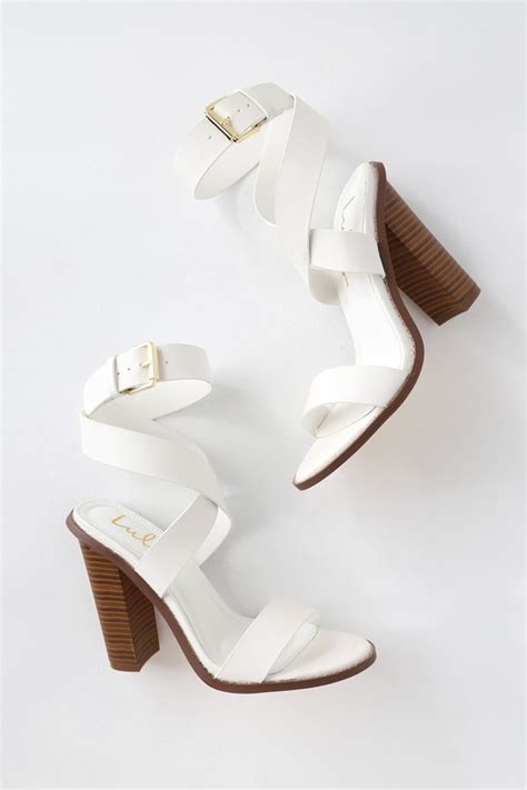 Cute White Heels - Ankle Strap Heels - Wood-Look Stacked Heels - Lulus