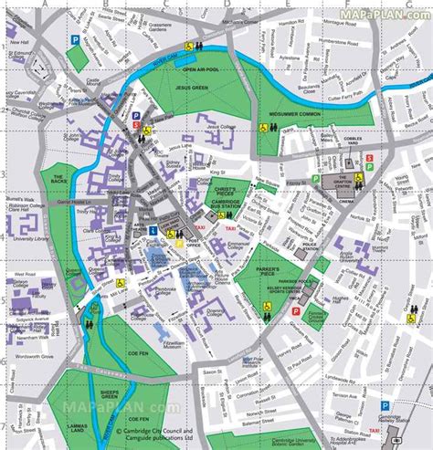 Cambridge maps - Top tourist attractions - Free, printable city street map - MapaPlan.com