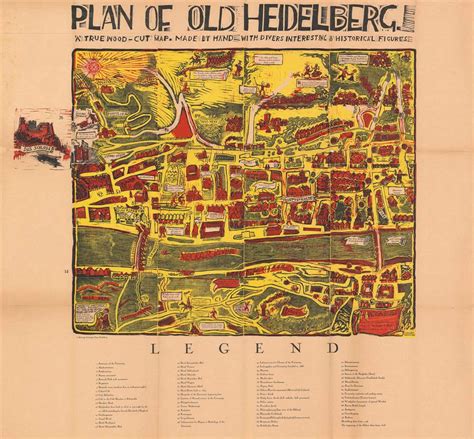 Plan of Old Heidelberg. A True Wood-Cut Map. Madeby Hand with Divers Inteesting and Historical ...