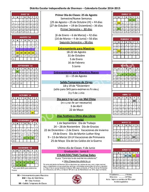 SISD District Calendar for 2014 - 2015 (Español) | Jefferson Elementary School – Sherman, TX