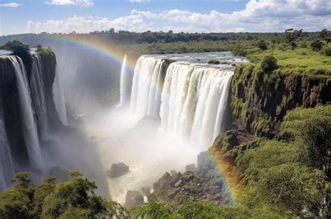 Premium AI Image | A rainbow appears over the falls of the iguazu falls.