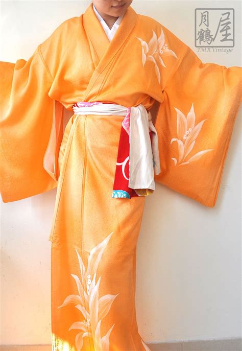 Japanese silk kimono/long kimono robe/vintage orange tsukesage visiting ...