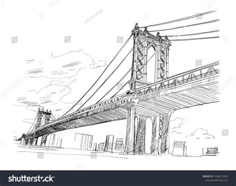 Manhattan Bridge, Hand drawn. Vector illustration. #Sponsored , #AFFILIATE, #Hand#Bridge#… | How ...