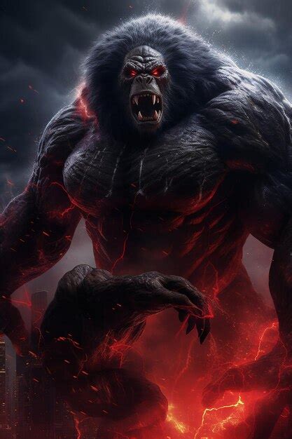 Premium AI Image | godzilla and kong vs an evil red kong in the middle out on a stormy night in ...