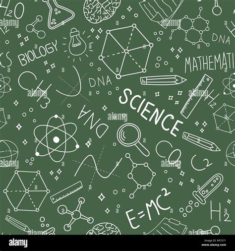 Science concept seamless pattern of doodle icons on green blackboard background for education ...