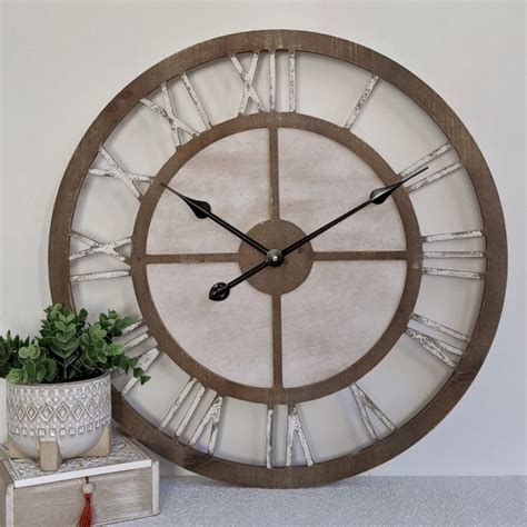 Large Scandi Hamptons Natural White Wooden Wall Clock, 60cm | Dalisay