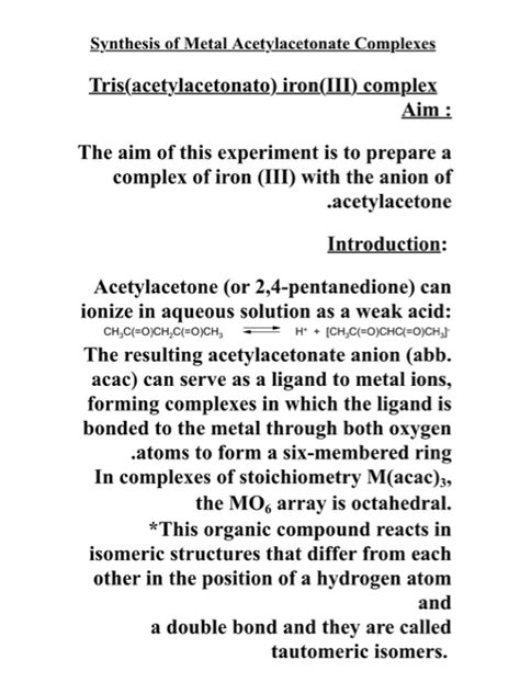 Solved Synthesis of Metal Acetylacetonate Complexes | Chegg.com