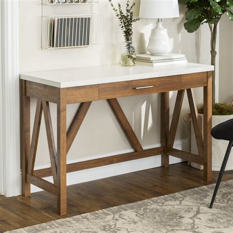 Manor Park Rustic Farmhouse Computer Writing Desk with Drawer, Natural Walnut/White Marble ...