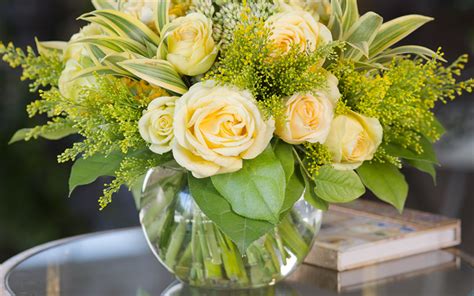 Download wallpapers bouquet of yellow roses, yellow roses, glass vase, roses, yellow flowers for ...