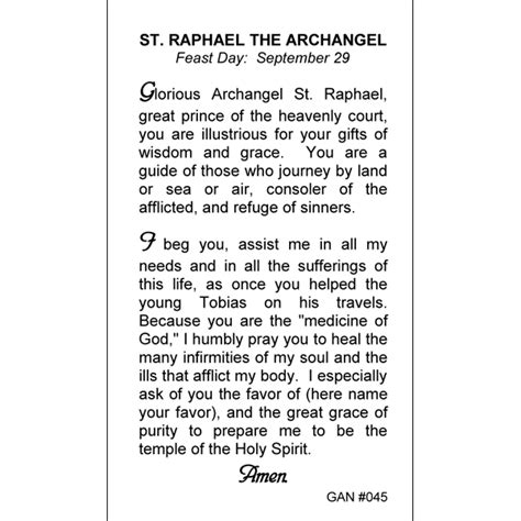 St. Raphael Prayer Card | Gannon's Prayer Card Co.