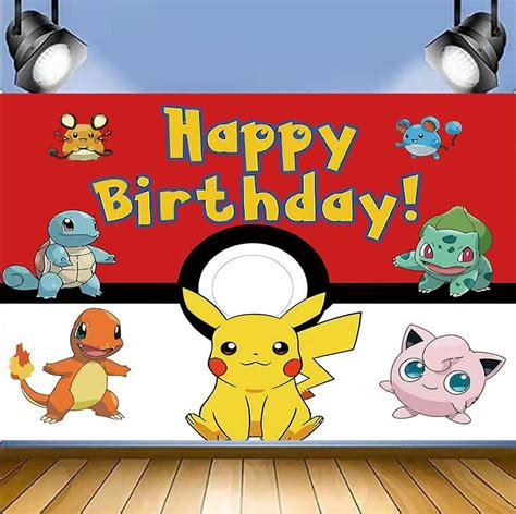 Pikachu Happy Birthday Backdrop Pocket Monster Pokemon Backdrop Red White Ball Photo Background ...