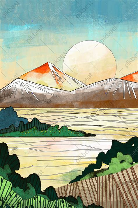 Natural Landscape Beautiful Vegetation Mountain Peak Drawing Background ...