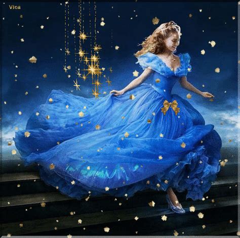 a painting of a woman in a blue dress walking down stairs with stars falling from the sky