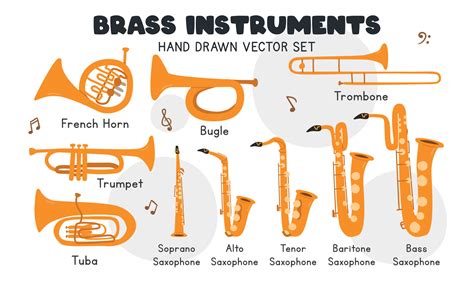 Brass instruments vector set. Simple cute trumpet, bugle, trombone, tuba, saxophone, french horn ...