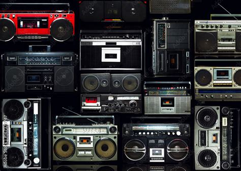 Vintage wall full of radio boombox of the 80s Stock Photo | Adobe Stock