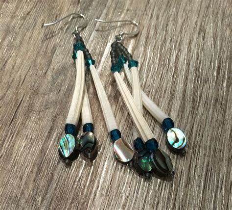 Dentalium shell earrings with abalone shells and glass beads | Native ...