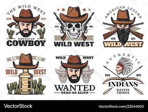 Western theme icons with cowboy in hat and weapon Vector Image