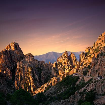 Sunset At The Road Along The Famous Calanques De Piana In Corsica France Stock Photo - Download ...