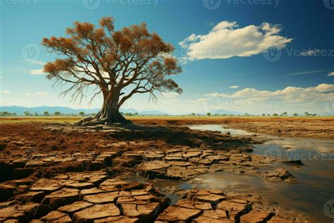 Arid ground cradles tree, illustrating climate changes water crisis ...