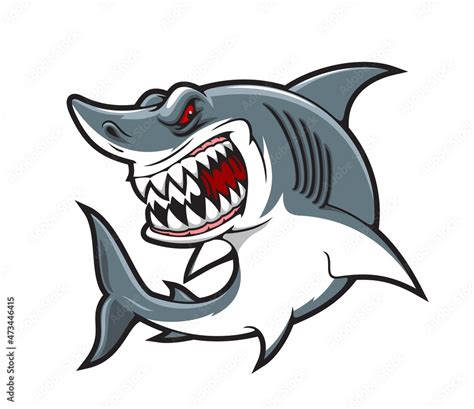 Cartoon shark vector mascot . Angry scary smile and teeth. Great white shark character, sea and ...