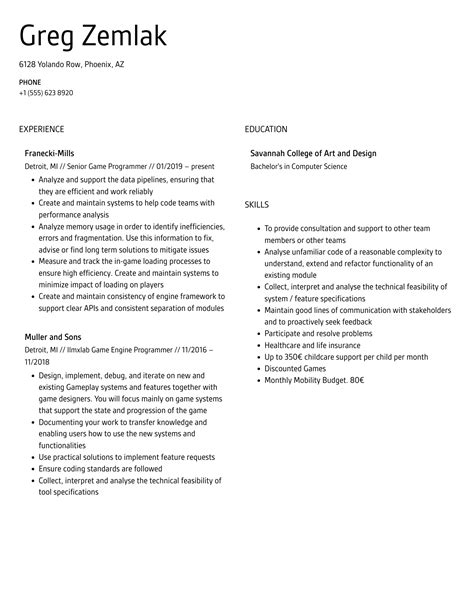 Game Programmer Resume Samples | Velvet Jobs